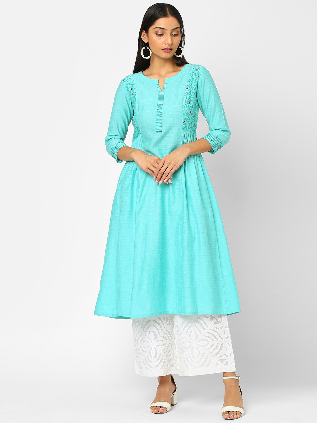 

KAMI KUBI Floral Embroidered Thread Work Anarkali Cotton Kurta, Blue