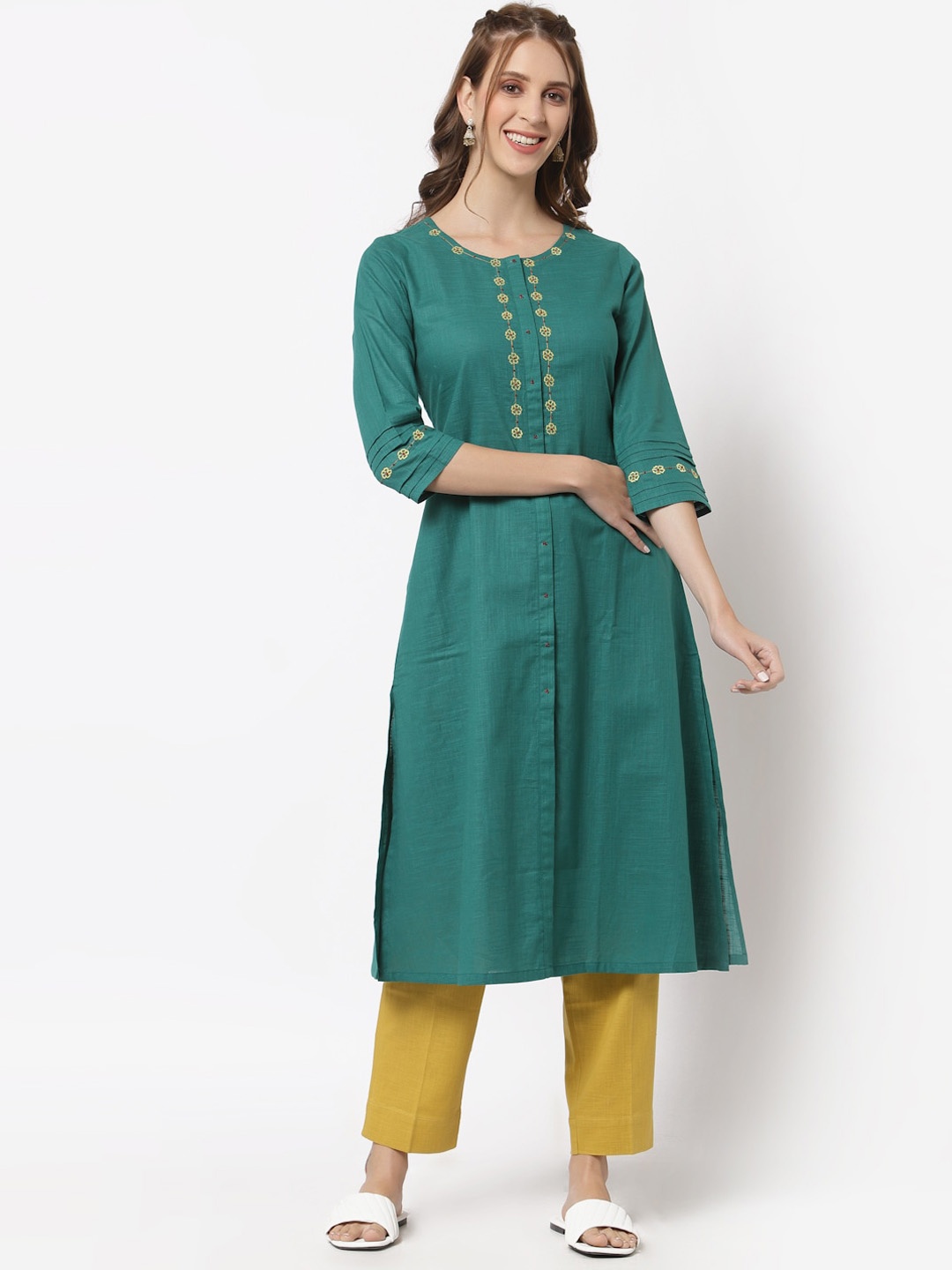 

KAMI KUBI Floral Yoke Design Thread Work Floral Cotton Kurta, Green