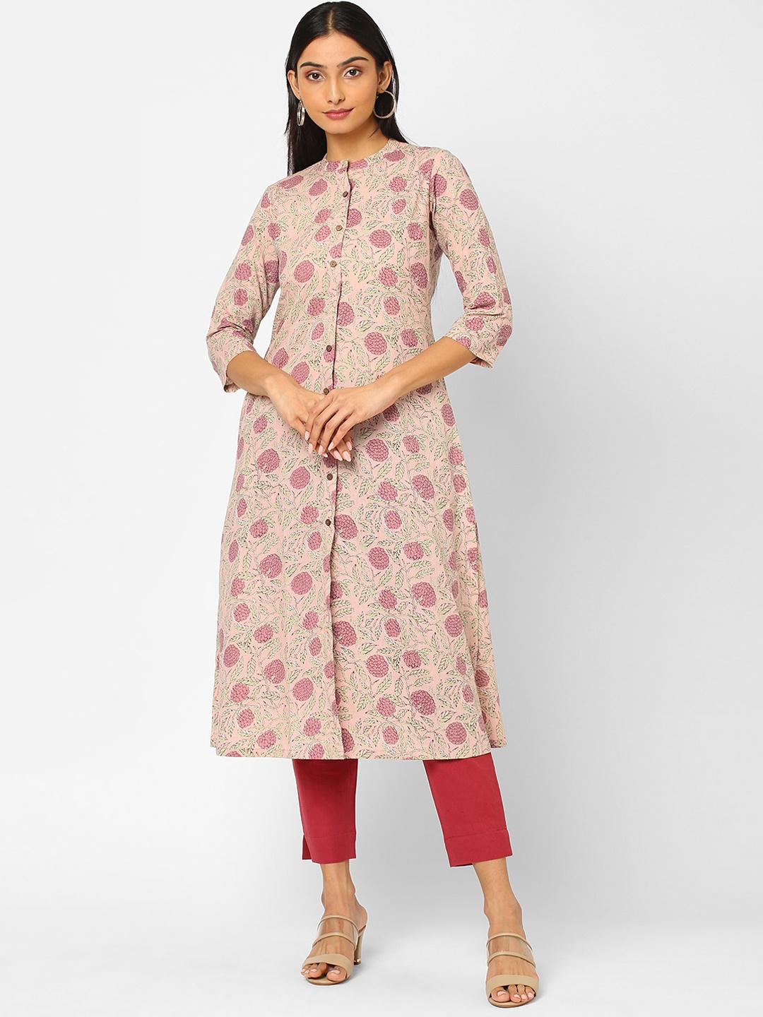 

KAMI KUBI Floral Printed Floral Cotton A- Line Kurta, Pink