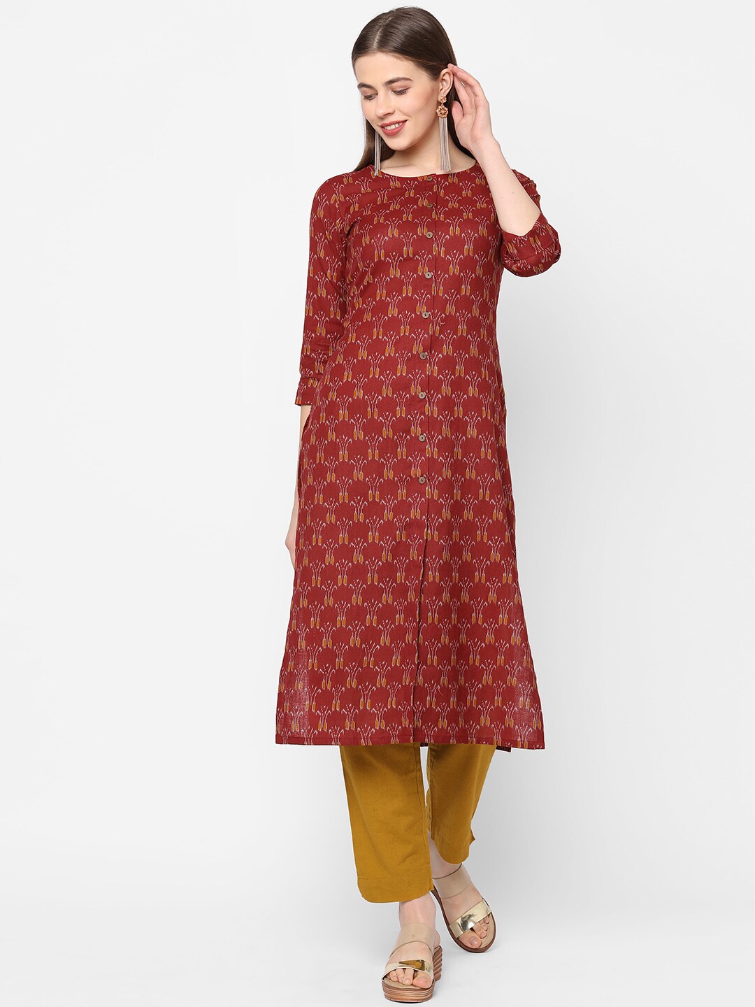 

KAMI KUBI Three-Quarter Sleeves Abstract Printed Cotton Kurta, Maroon