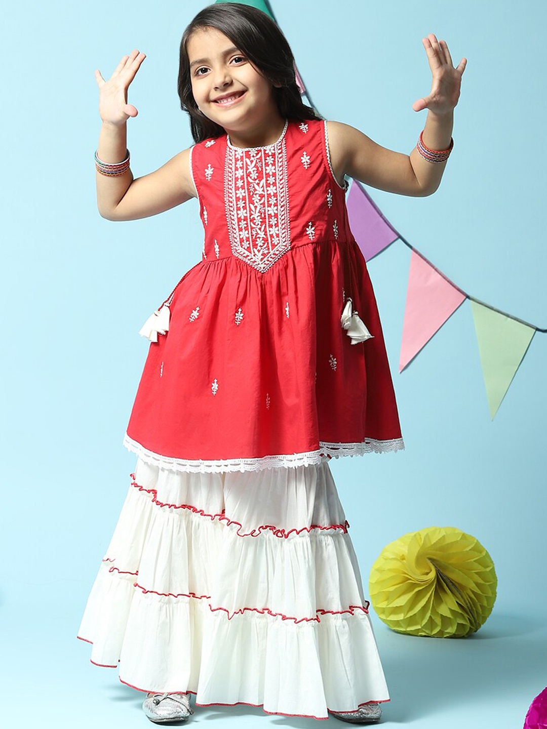 

Biba Embroidered Thread Work Kurta with Sharara, Red