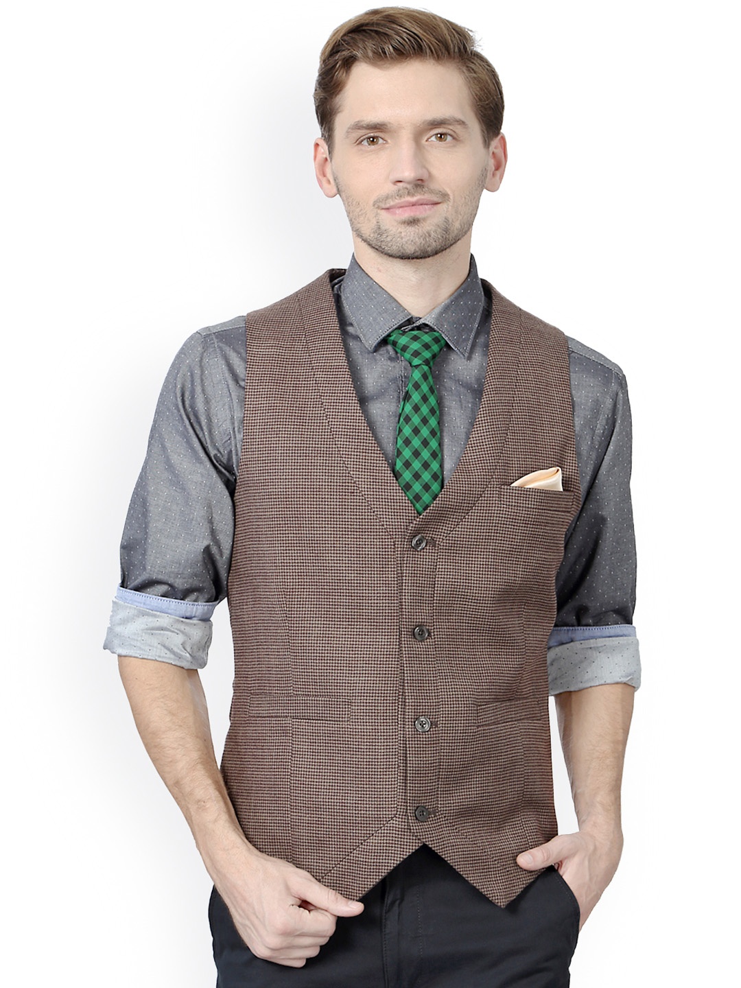 

Allen Solly Brown Checked Waistcoat