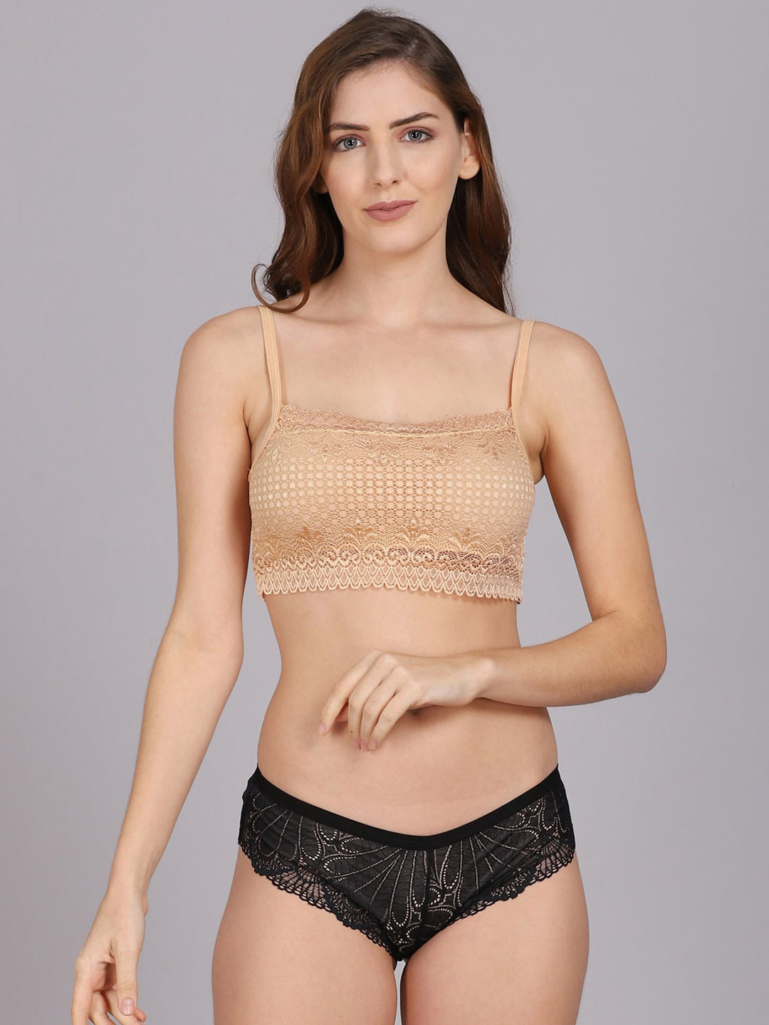 

PrettyCat Self Design Lace Lingerie Set, Beige