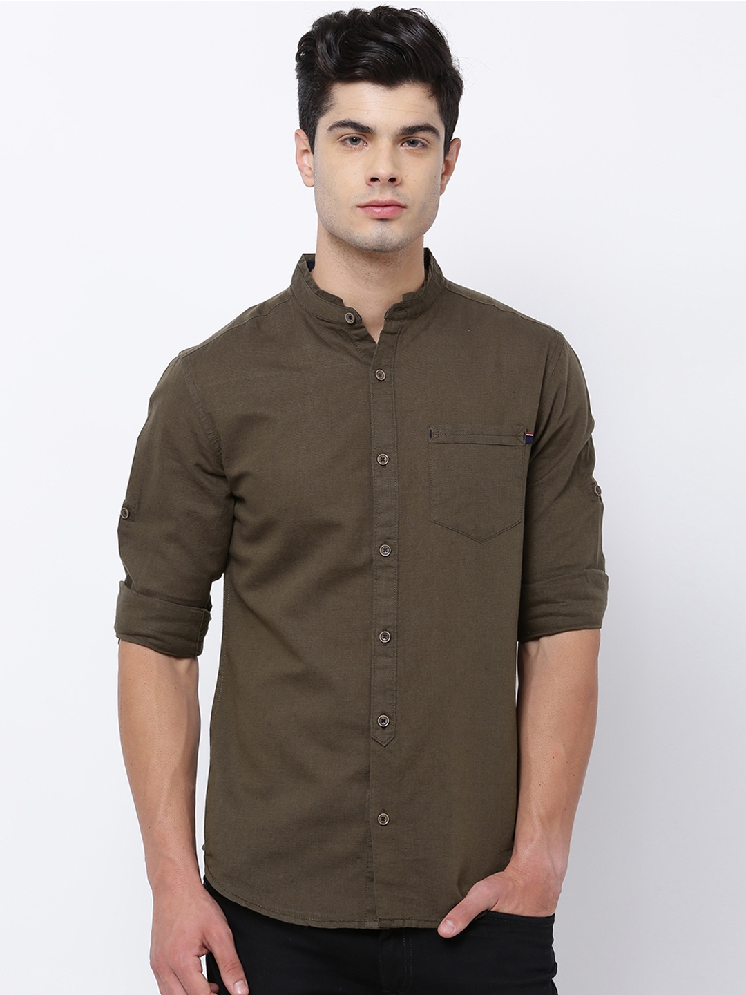 

LOCOMOTIVE Men Olive Green Slim Fit Solid Casual Shirt