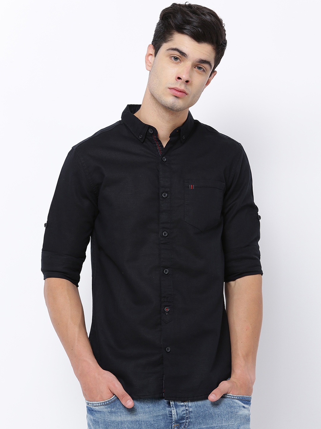 

LOCOMOTIVE Men Black Slim Fit Solid Casual Shirt