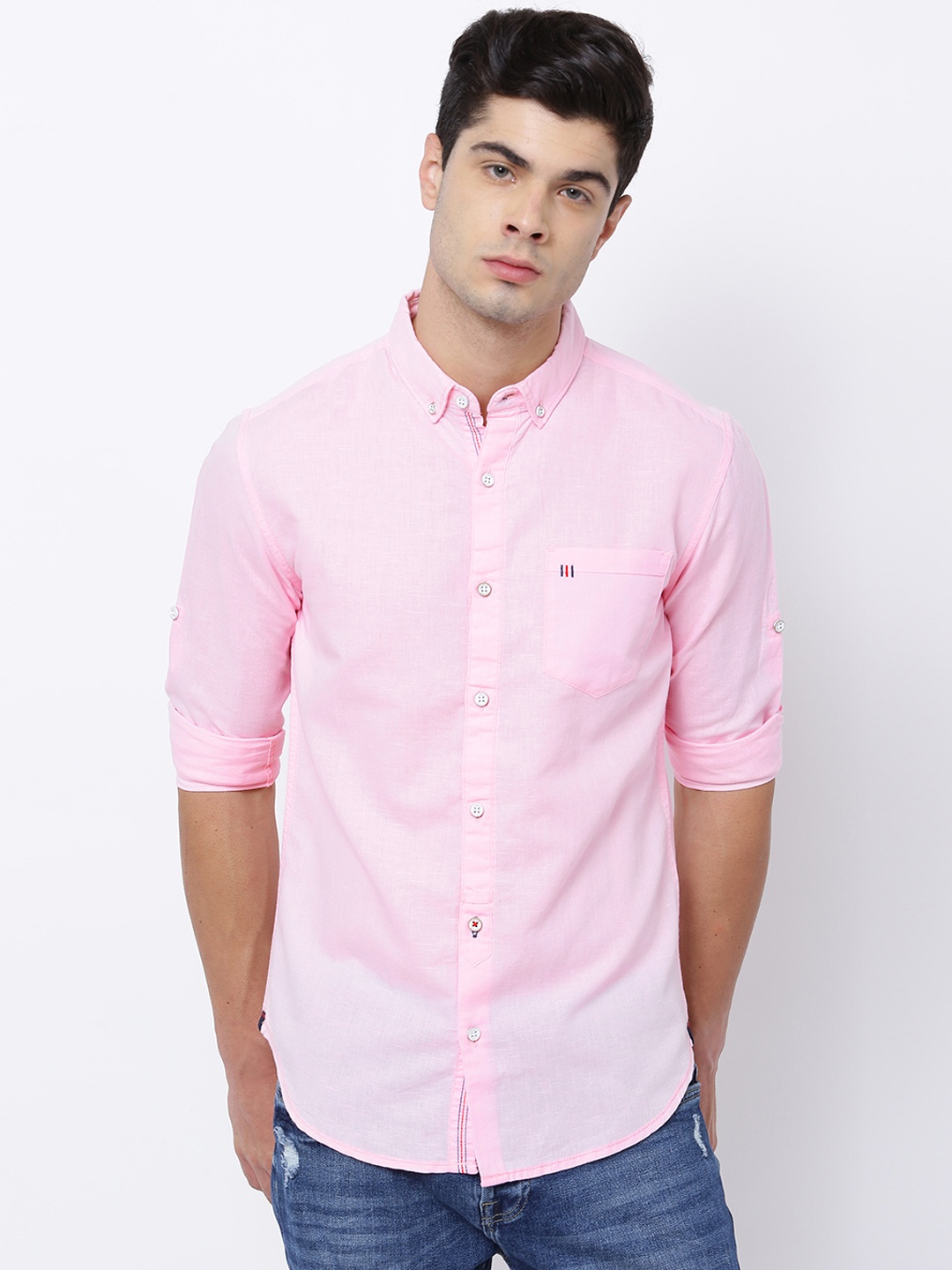 

LOCOMOTIVE Men Pink Slim Fit Solid Casual Shirt