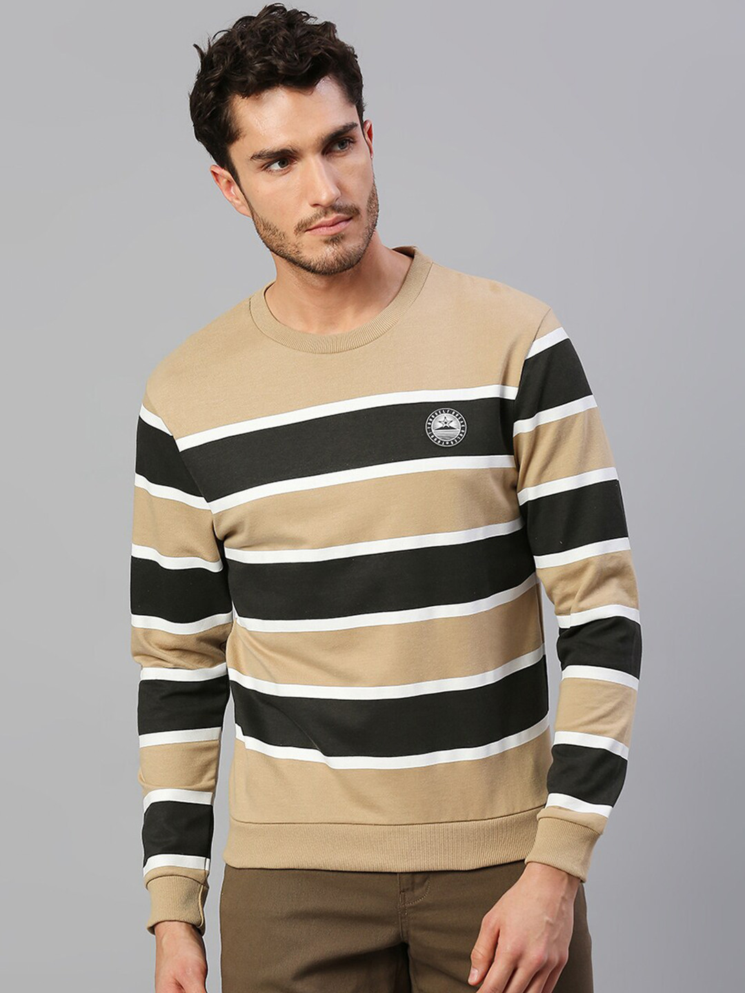 

High Star Men Beige Striped Sweatshirt