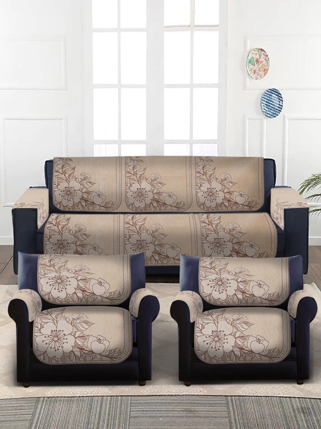 

Slushy Mushy Beige & Brown Set of 16 Floral Printed 5 Seater Sofa Cover