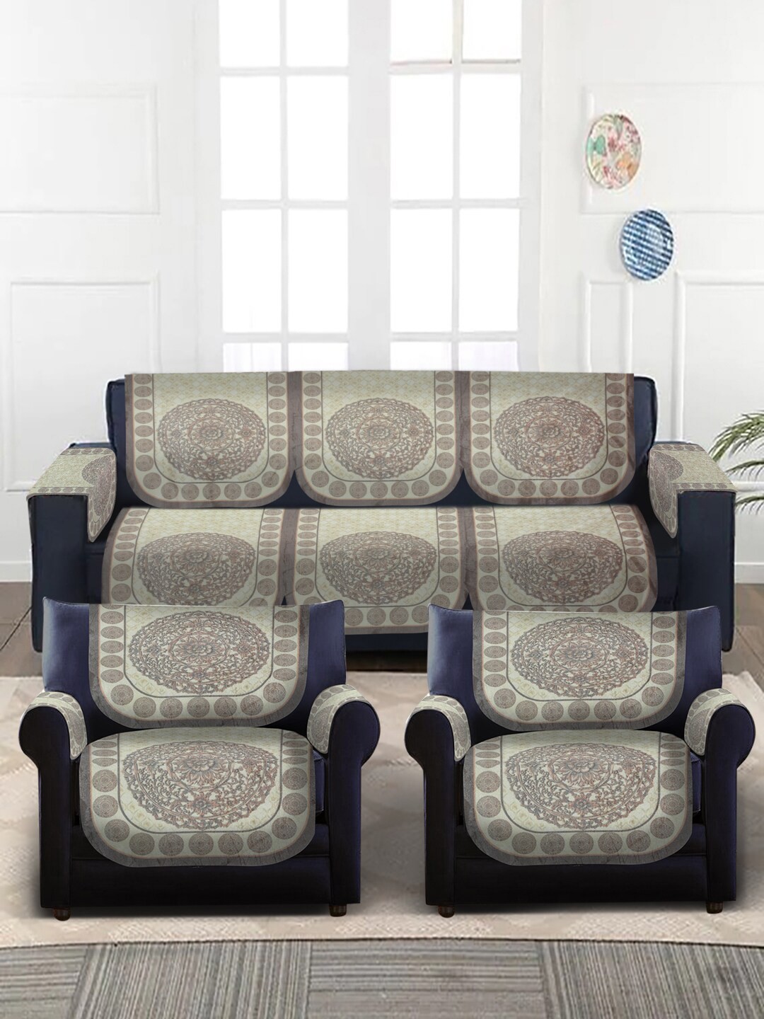 

Slushy Mushy Beige Set Of 16 Beige Printed 5 Seater Sofa Cover