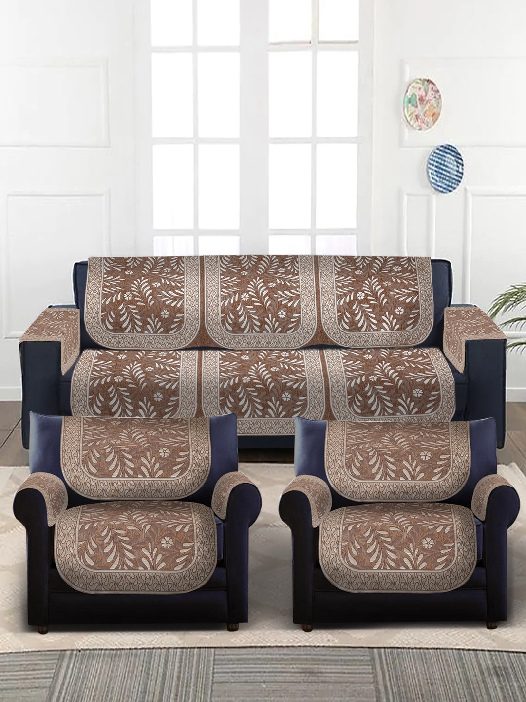 

Slushy Mushy Brown & Beige Set of 16 Self-Design 5 Seater Chennile Sofa Covers