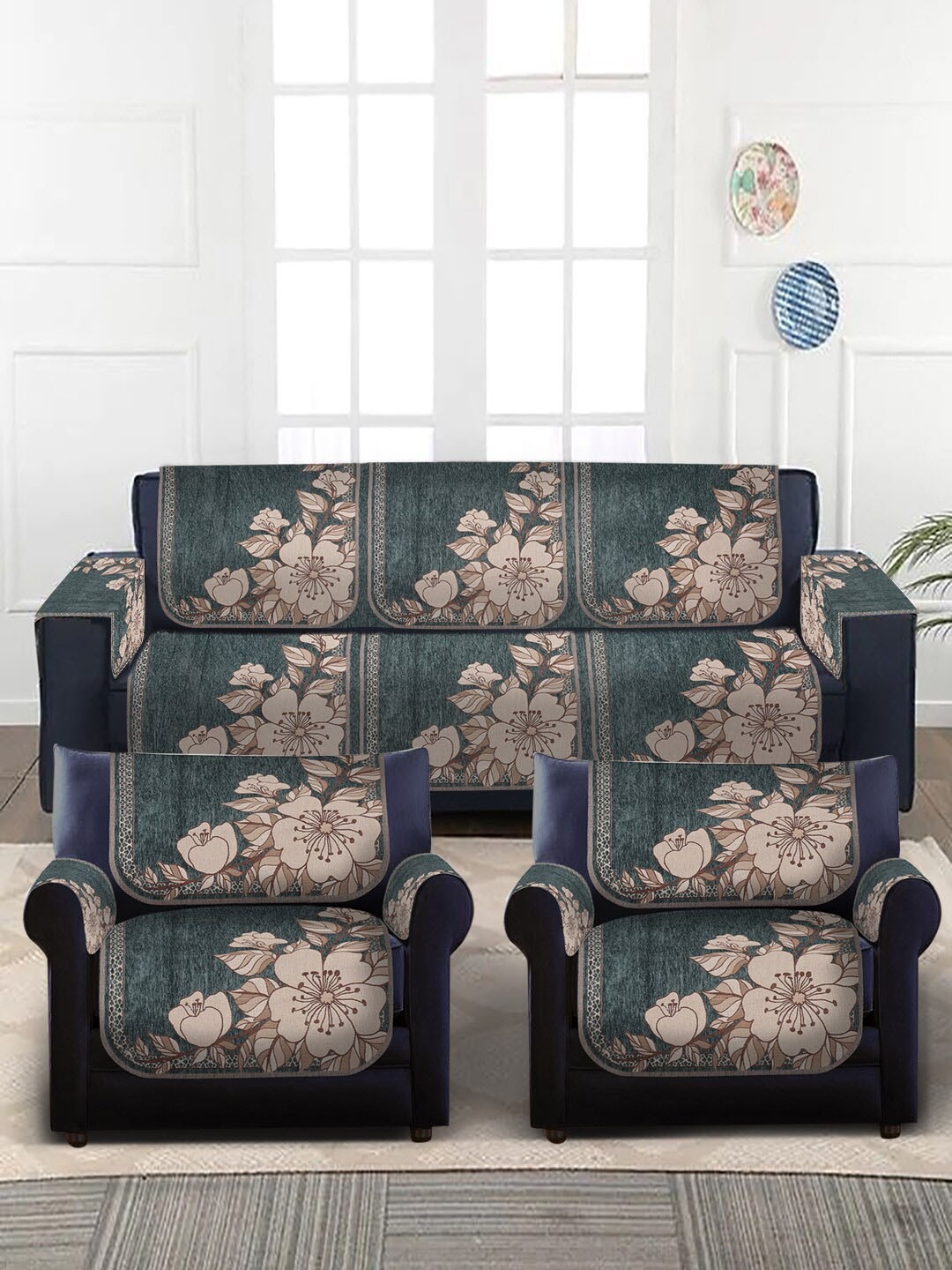 

Slushy Mushy Green & Beige Set of 16 Printed 5 Seater Sofa Cover