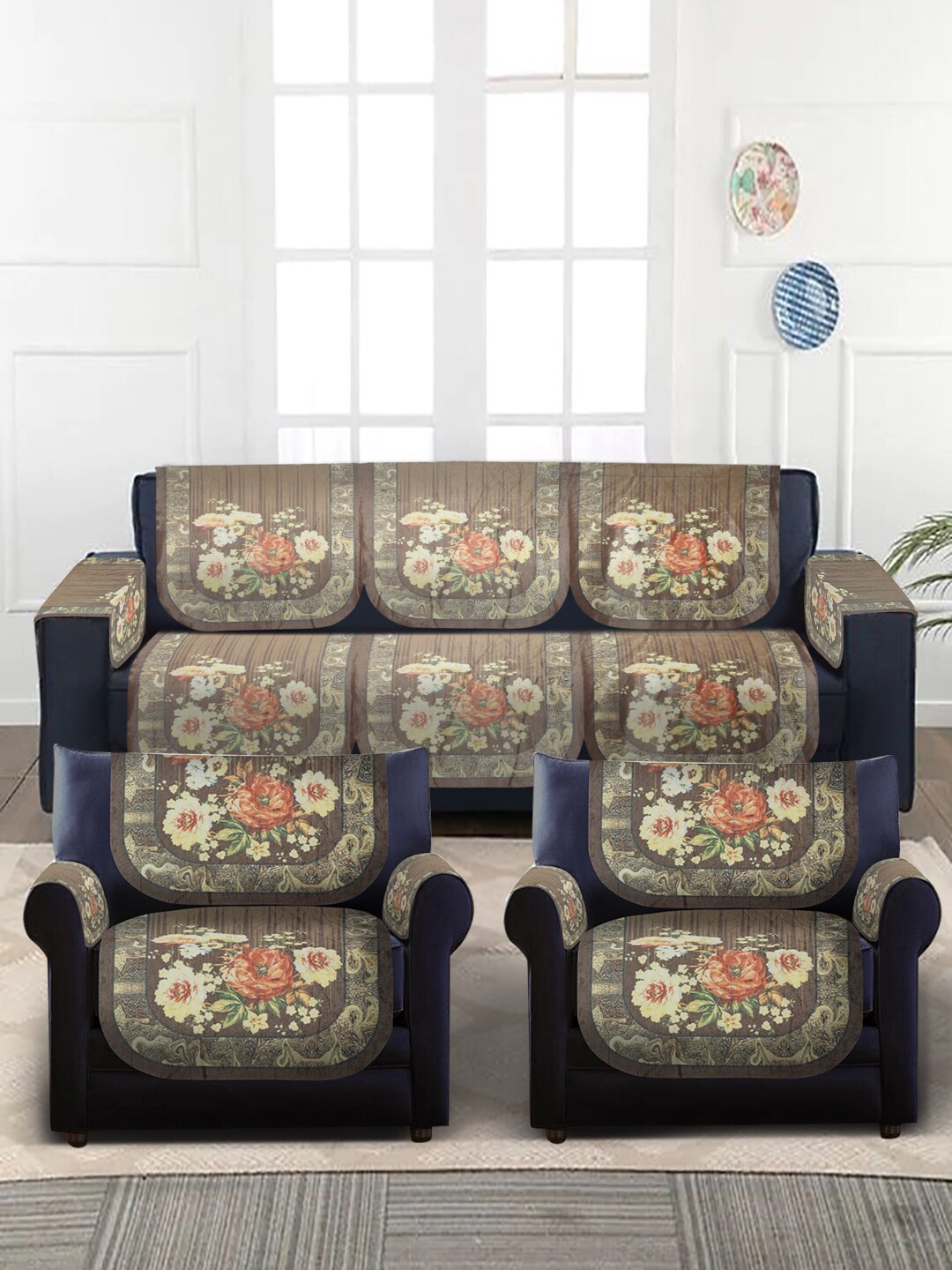 

Slushy Mushy Brown & Yellow Set of 16 Self-Design 5 Seater Chennile Sofa Cover