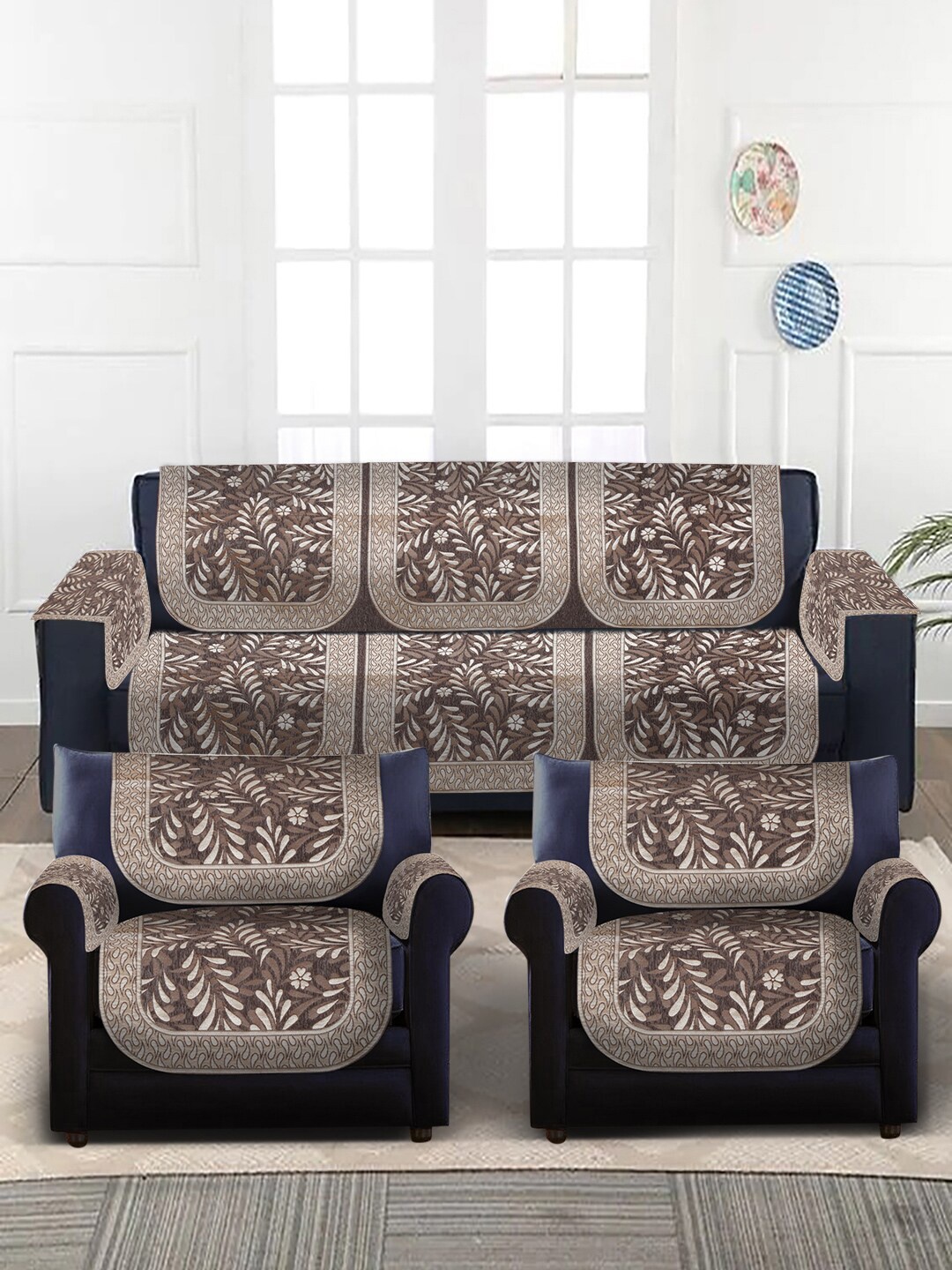 

Slushy Mushy Brown & Beige Set of 16 Digital Printed 5 Seater Chennile Sofa Covers