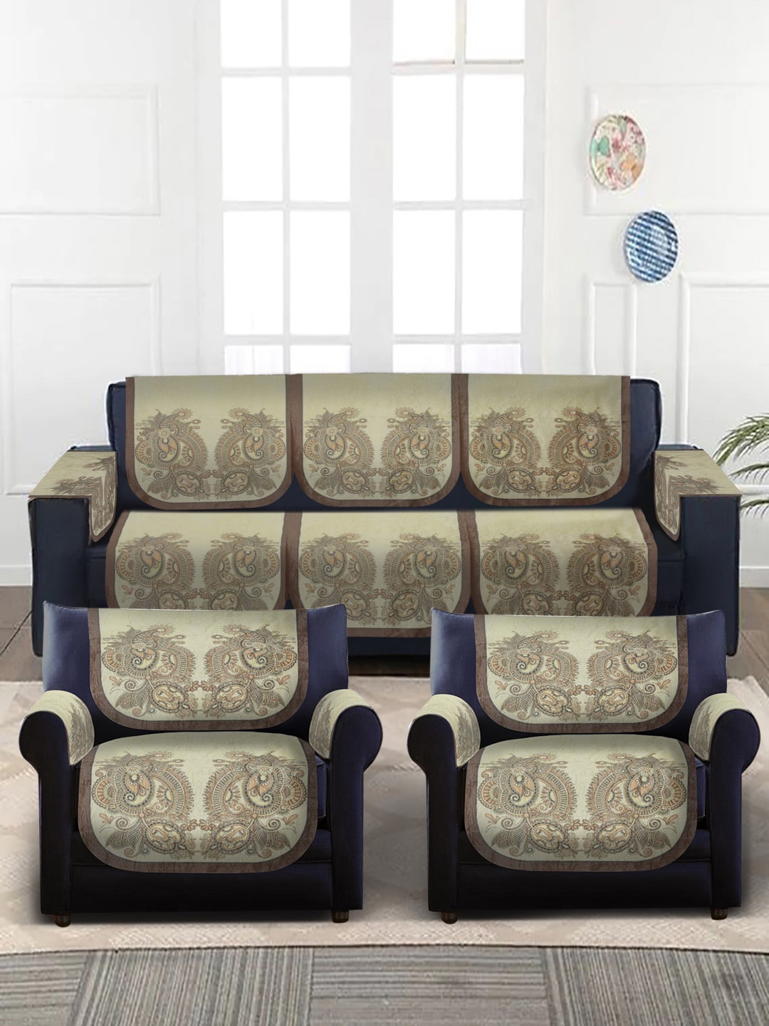 

Slushy Mushy Cream & Beige Set of 16 Self-Design 5 Seater Chennile Sofa Cover