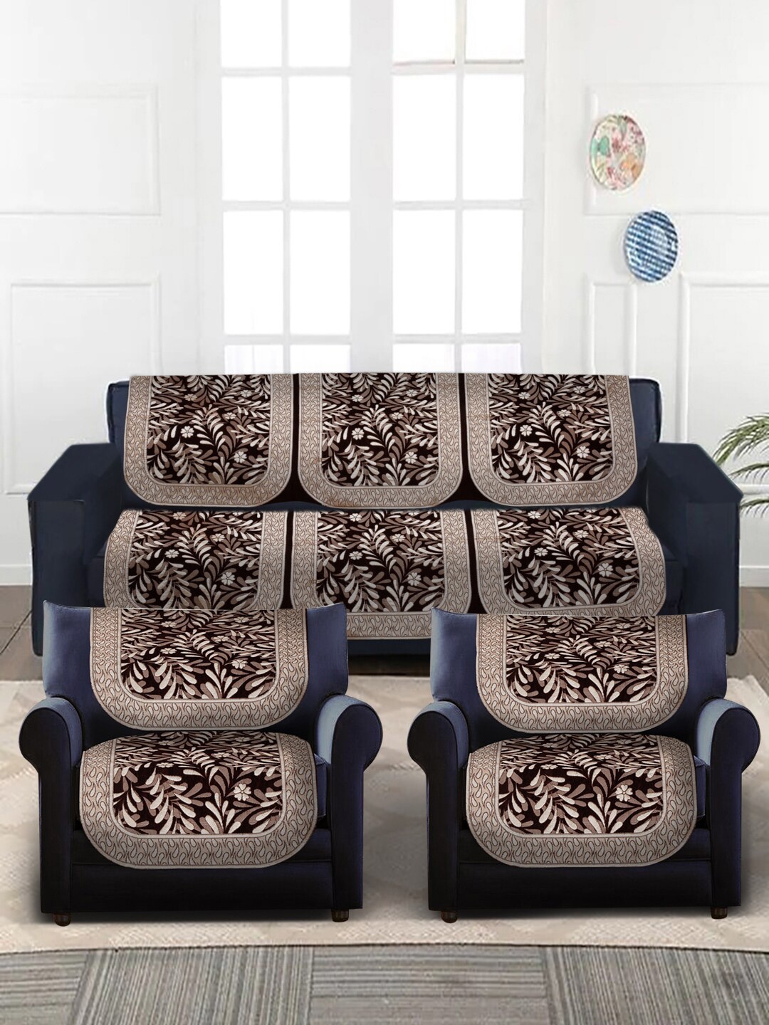 

MULTITEX 16-Pcs Copper & Beige Digital Printed 5-Seater Sofa Covers