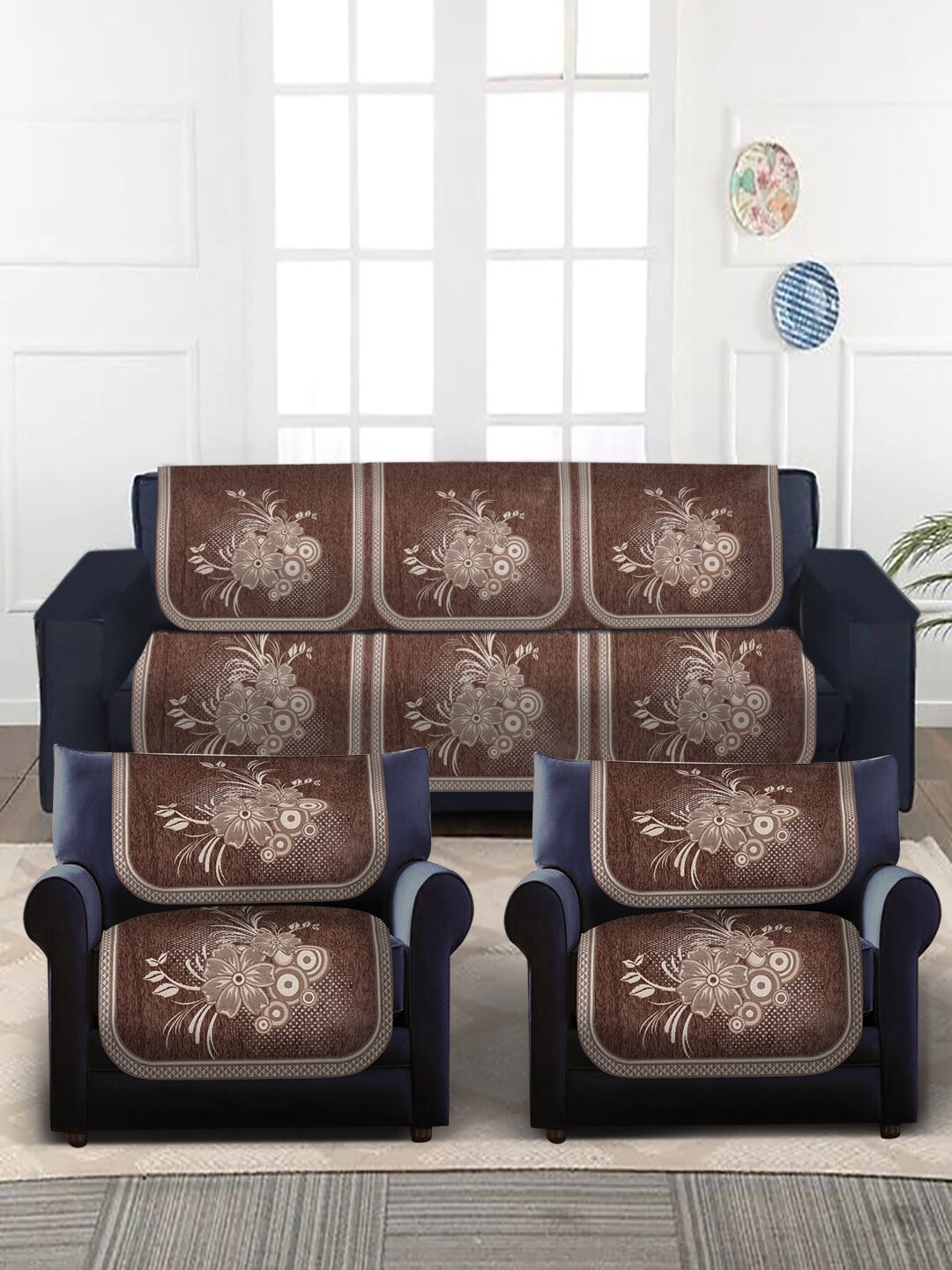 

MULTITEX 10-Pcs Brown & Beige Floral Printed Velvet 5-Seater Sofa Cover