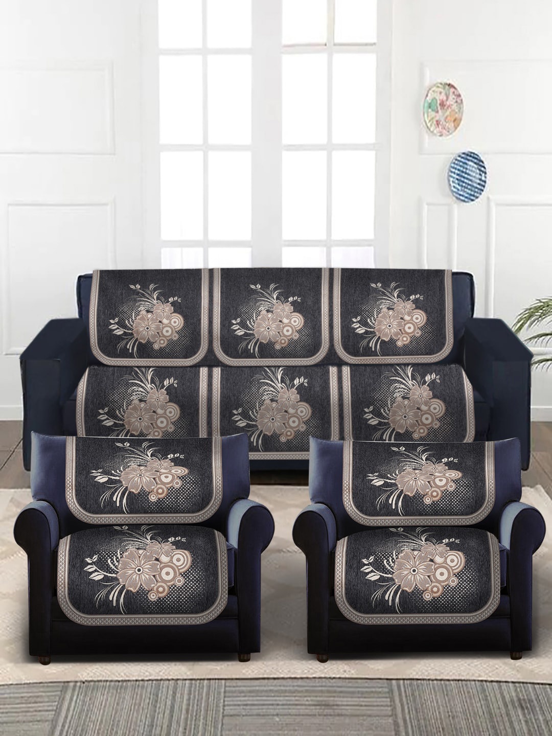 

MULTITEX Set Of 10 Grey Printed 5 Seater Sofa Covers, Metallic