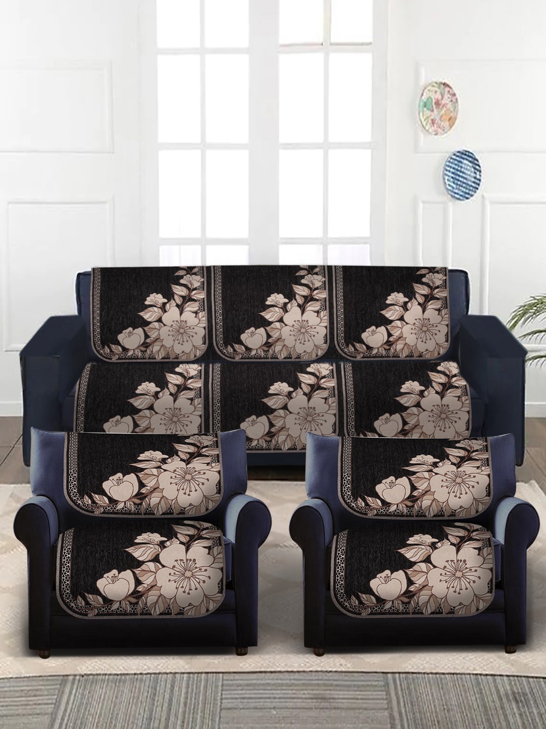 

MULTITEX 10-Pcs Black Printed 5-Seater Velvet Sofa Covers