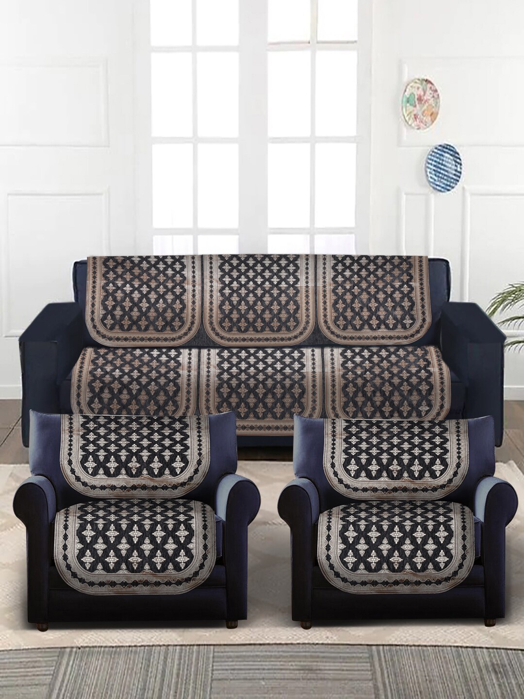 

MULTITEX 16-Pcs Grey & Beige Digital Printed 5-Seater Sofa Covers
