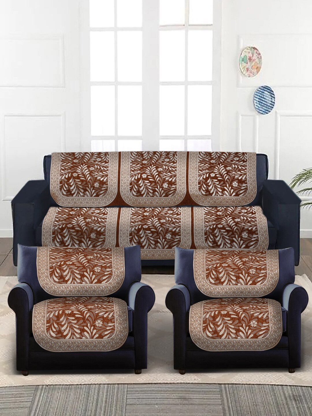

MULTITEX 16-Pcs Gold Colored Printed 5-Seater Sofa Cover