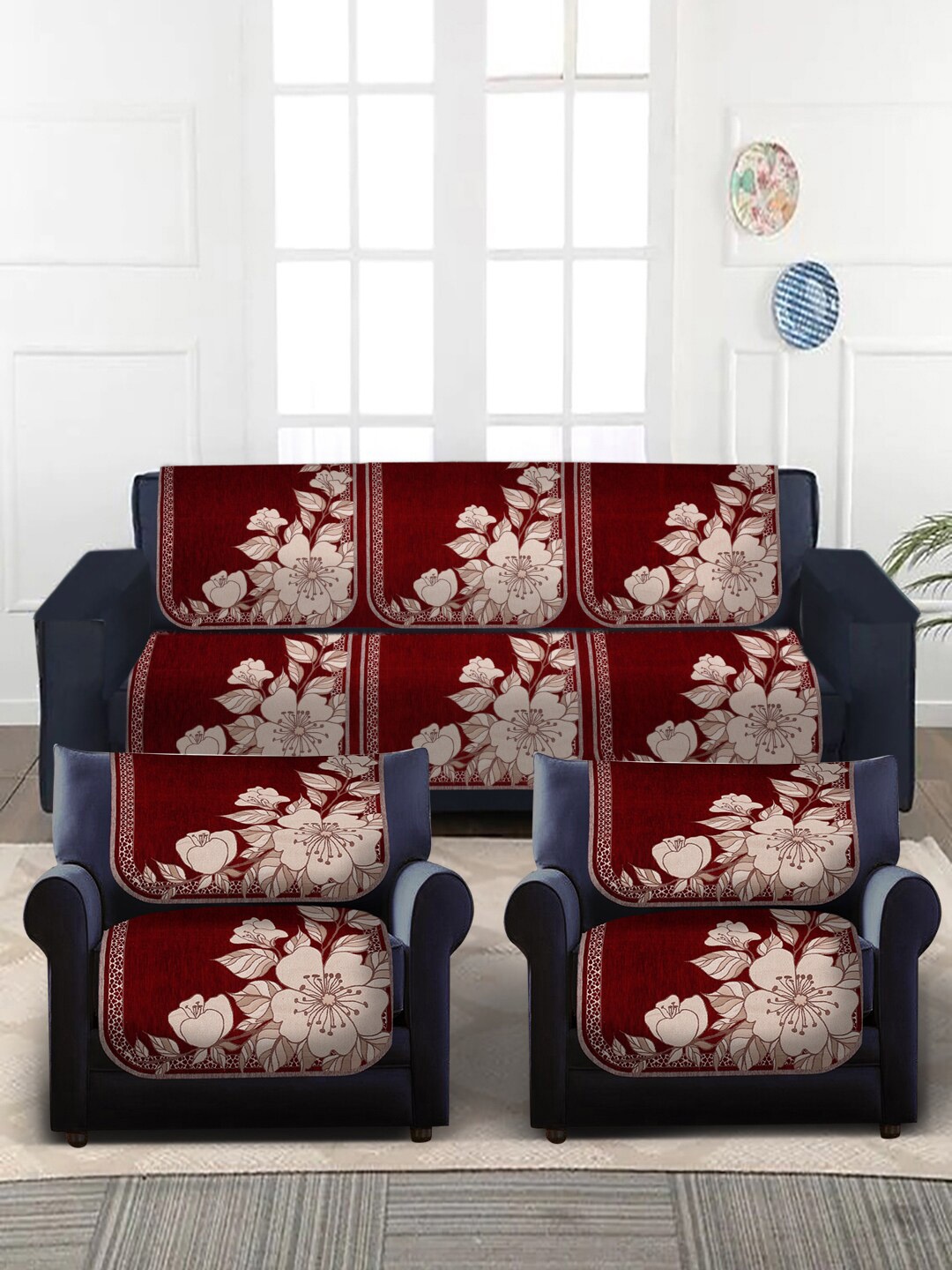 

MULTITEX 10-Pcs Red & Beige Digital Printed 5-Seater Sofa Covers