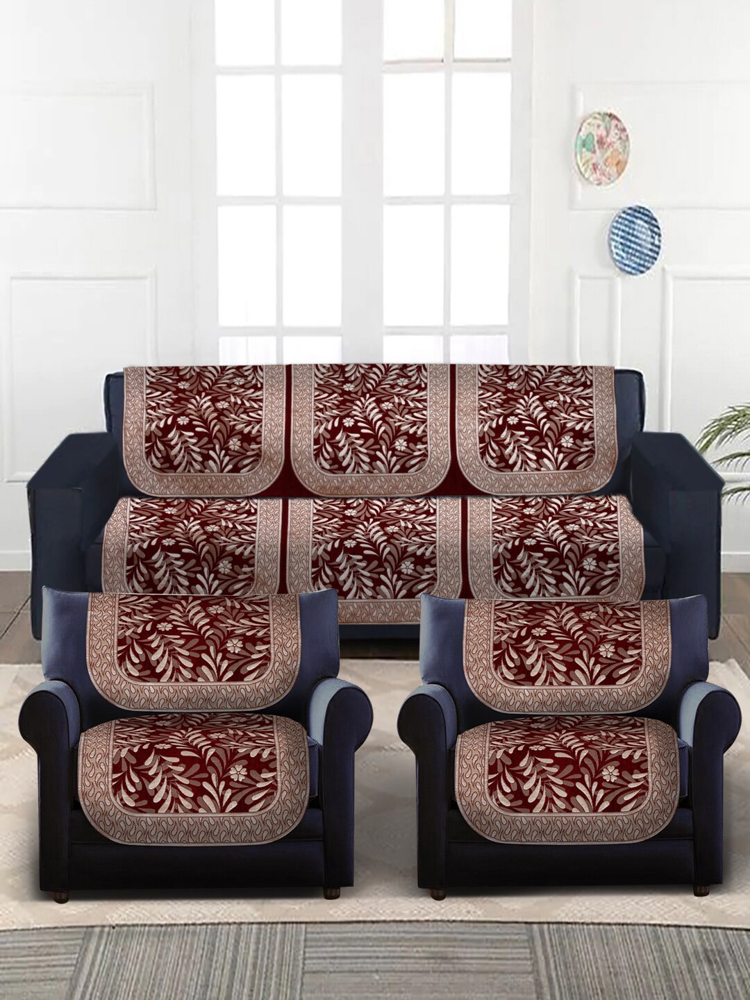 

MULTITEX 10-Pcs Red & Beige Digital Printed 5-Seater Sofa Covers