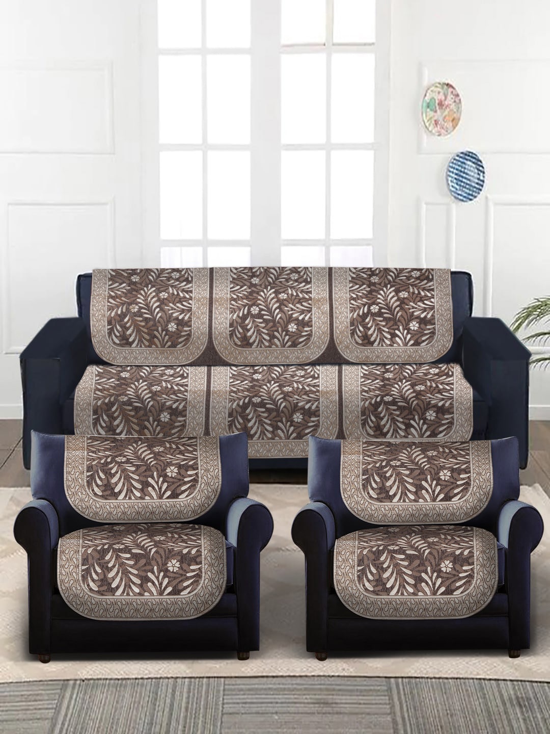 

MULTITEX Brown & Gold-Color 10-Pcs Digital Printed 5-Seater Sofa Covers