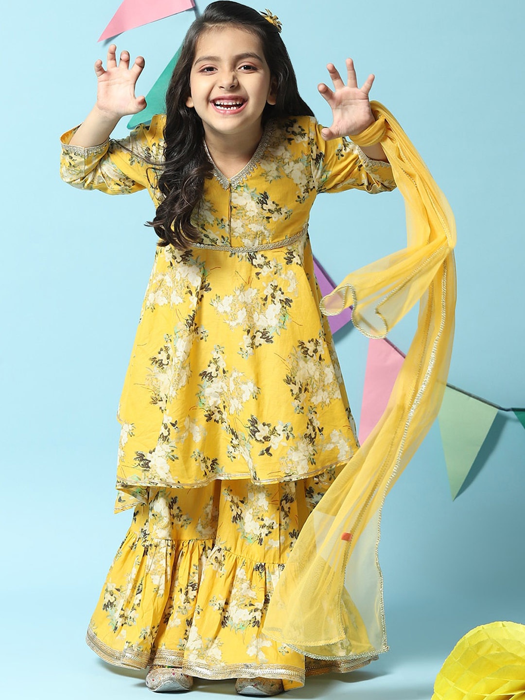 

Biba Floral Printed Kurta with Sharara & Dupatta, Yellow