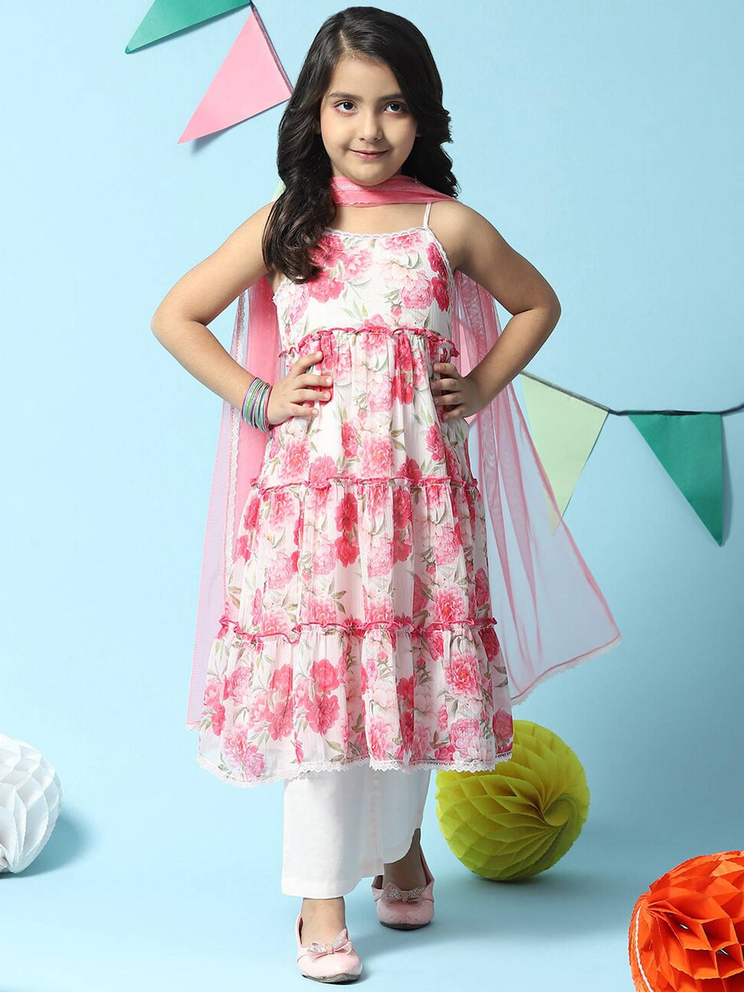 

Biba Floral Printed Tiered Kurta with Trousers & Dupatta, Off white