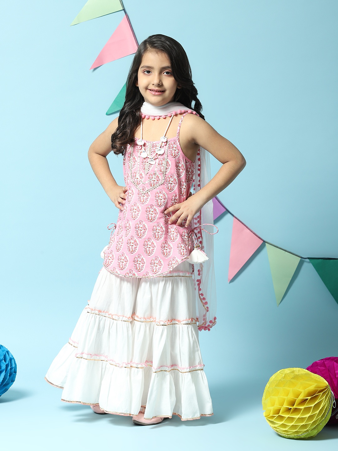 

Biba Floral Printed Kurta with Sharara & Dupatta, Pink