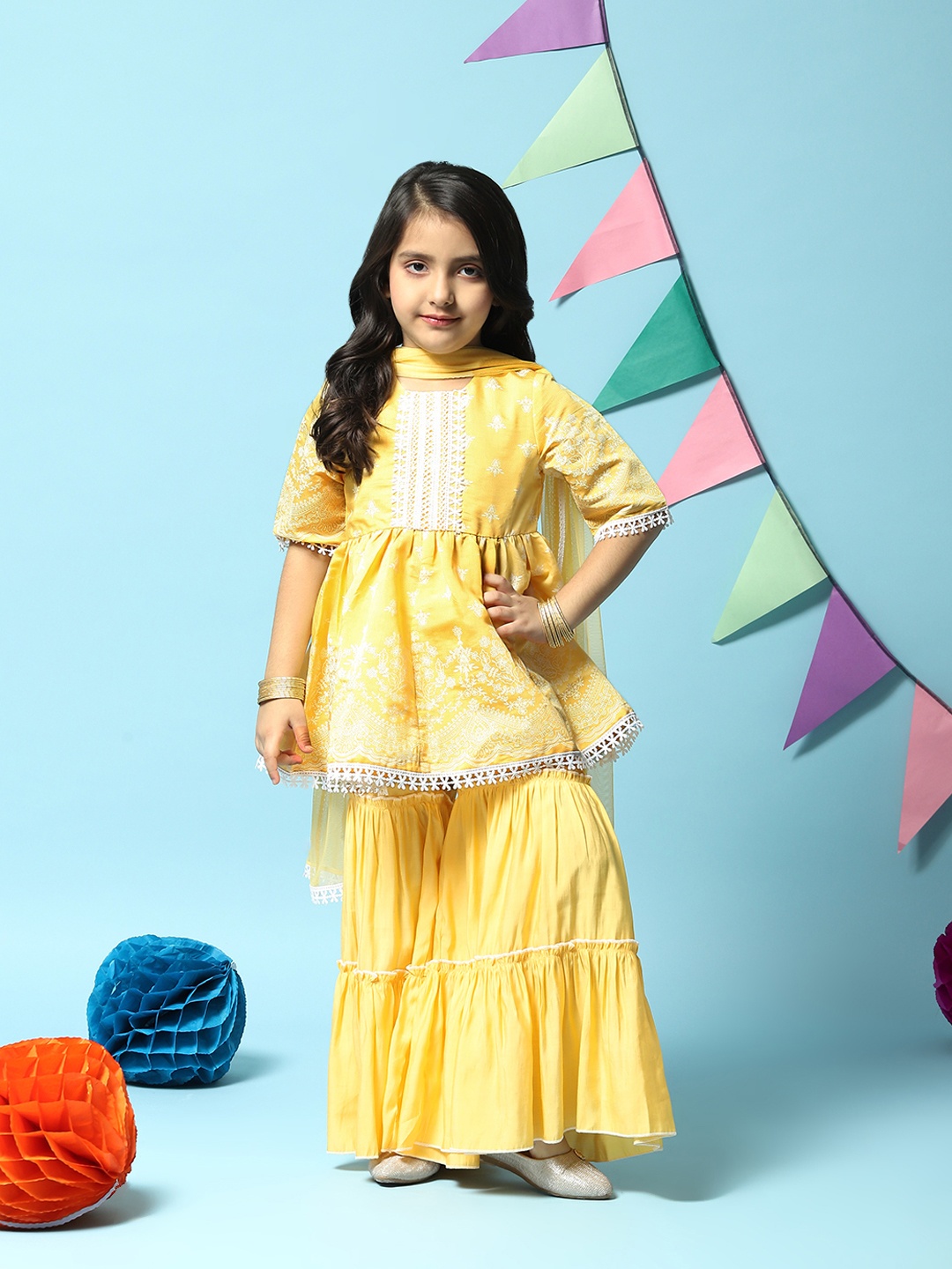 

Biba Ethnic Motifs Embroidered Empire Kurta with Sharara & Dupatta, Yellow