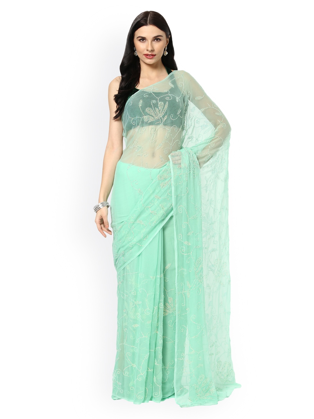 

Geroo Jaipur Hand Embroidered Green Sequines Jaal Pure Chiffon Saree, Sea green