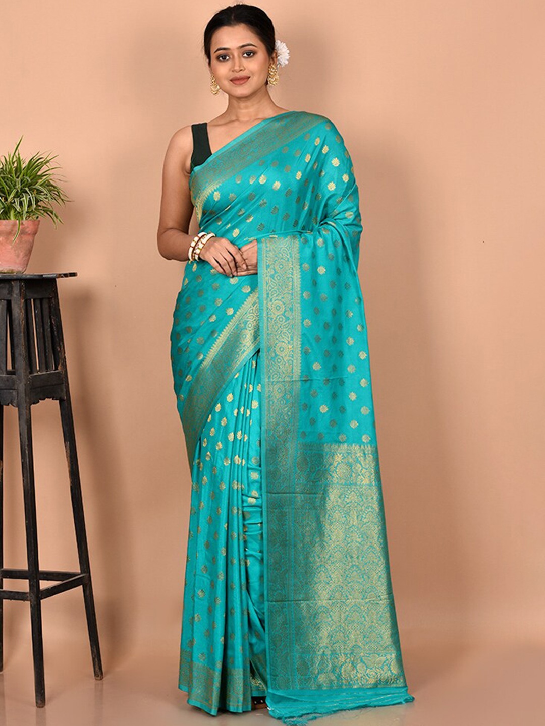 

AllSilks Woven Design Zari Silk Blend Saree, Green