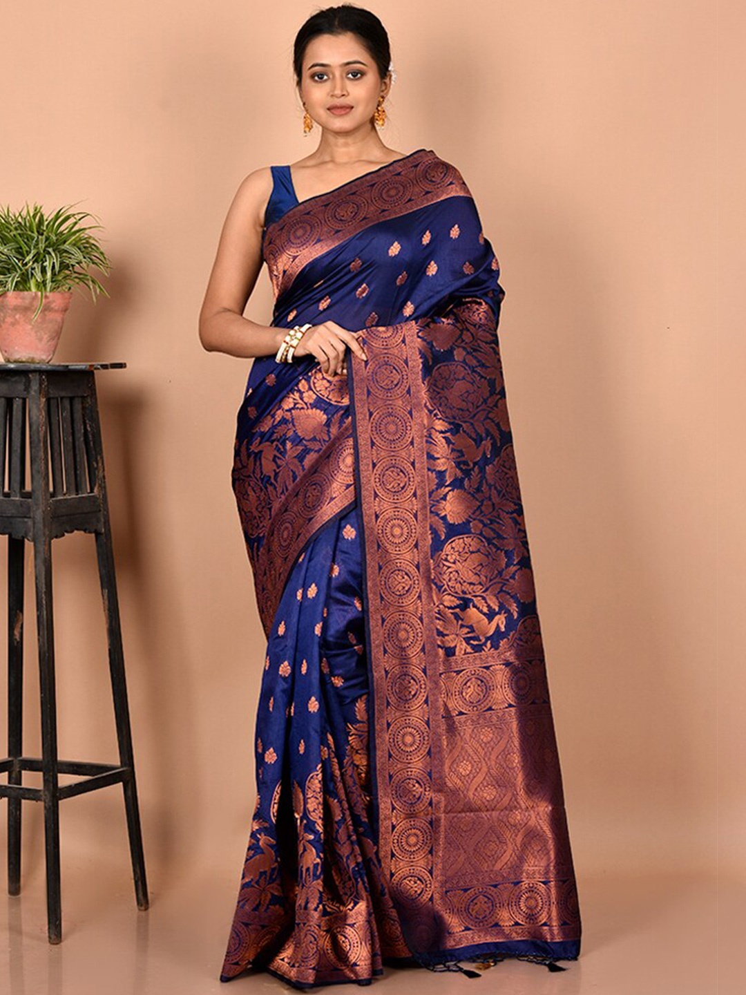 

AllSilks Blue & Copper-Toned Ethnic Motifs Zari Silk Blend Saree