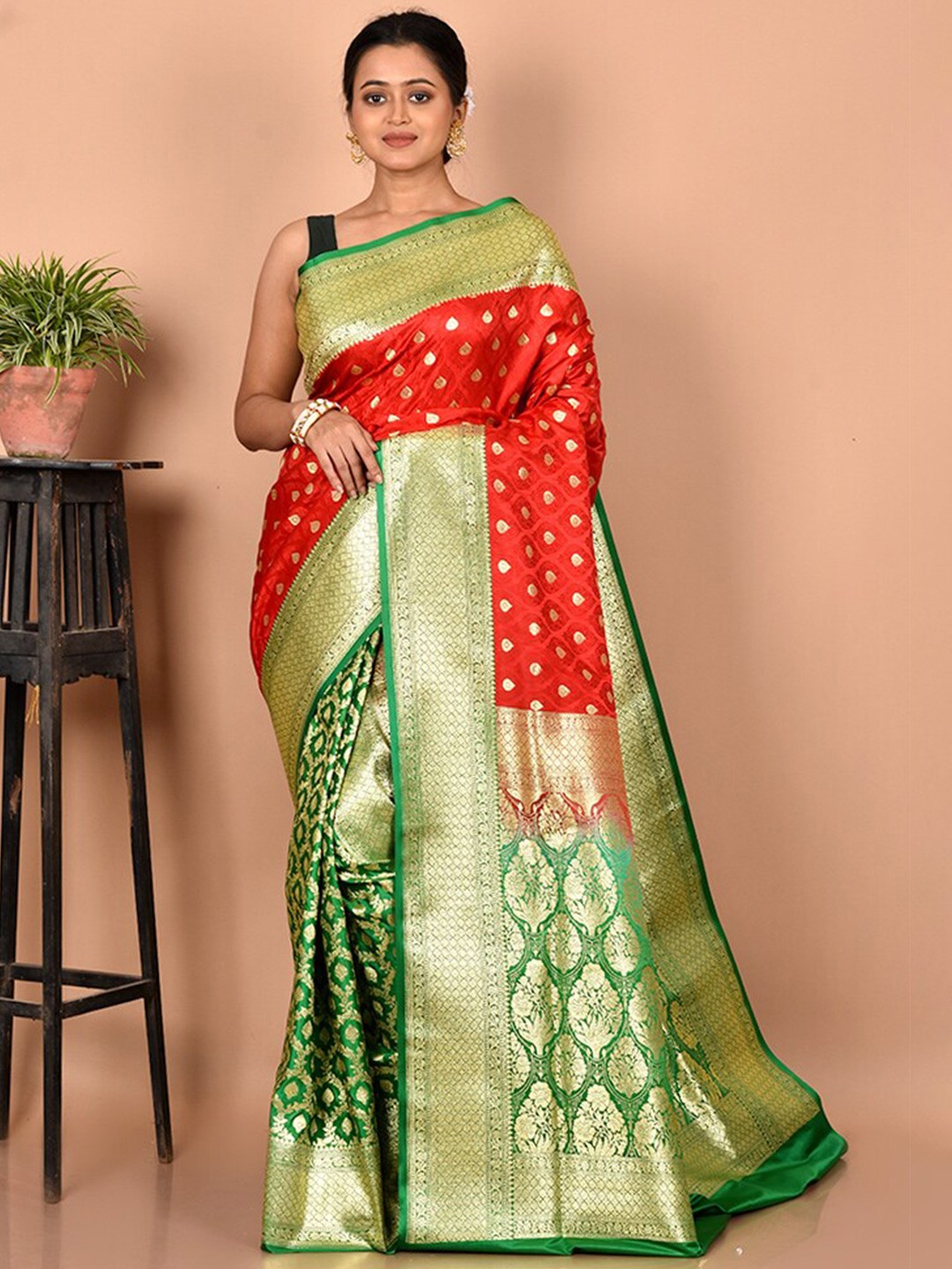 

AllSilks Red & Green Ethnic Motifs Zari Silk Blend Banarasi Saree