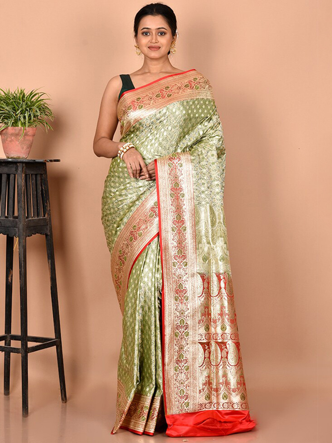 

AllSilks Green & Red Ethnic Motifs Zari Silk Blend Banarasi Saree