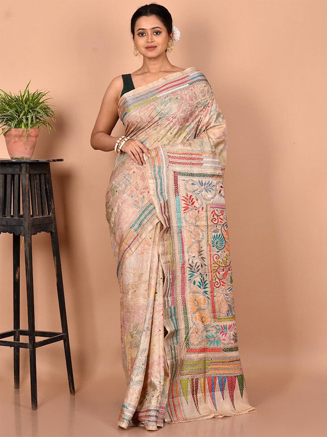 

AllSilks Cream-Coloured & Red Floral Pure Silk Murshidabad silk Saree