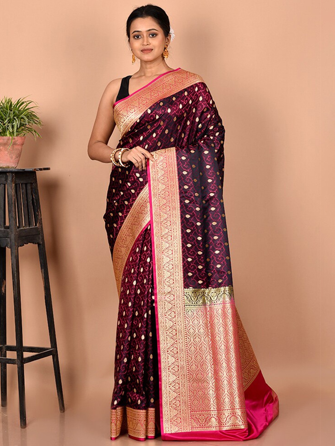 

AllSilks Purple & Pink Ethnic Motifs Zari Silk Blend Banarasi Saree