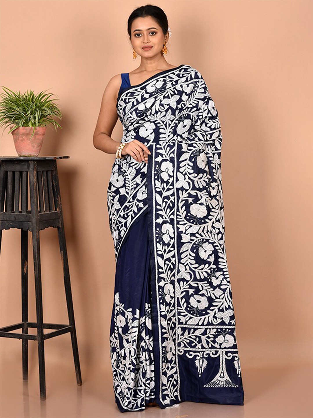 

AllSilks Blue & White Floral Kantha Work Pure Silk Murshidabad silk Saree