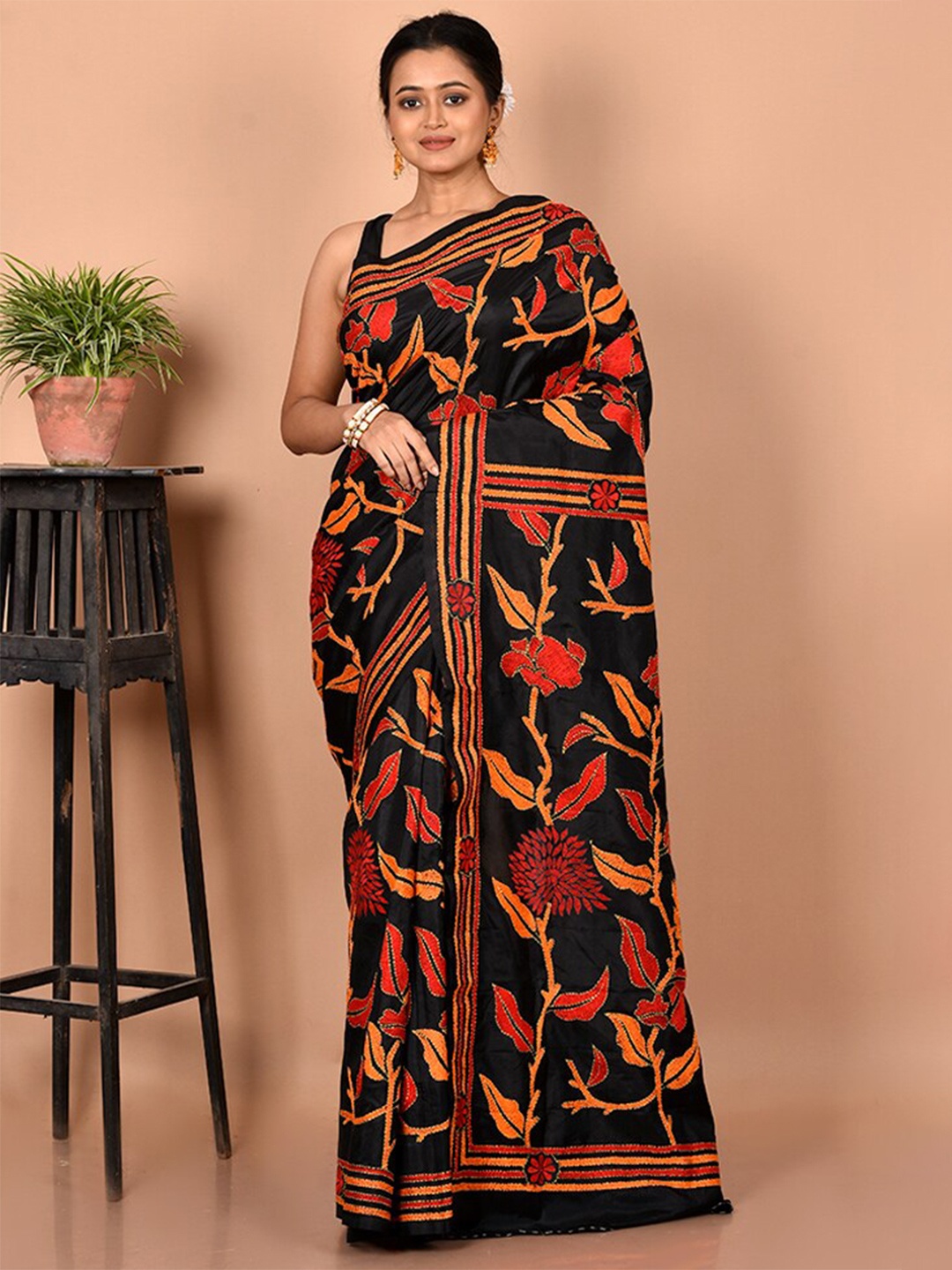 

AllSilks Black & Orange Floral Kantha Work Pure Silk Murshidabad silk Saree