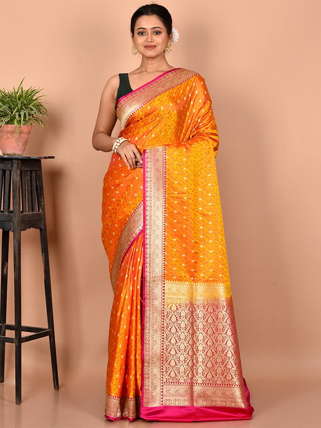 

AllSilks Yellow & Pink Ethnic Motifs Zari Silk Blend Banarasi Saree