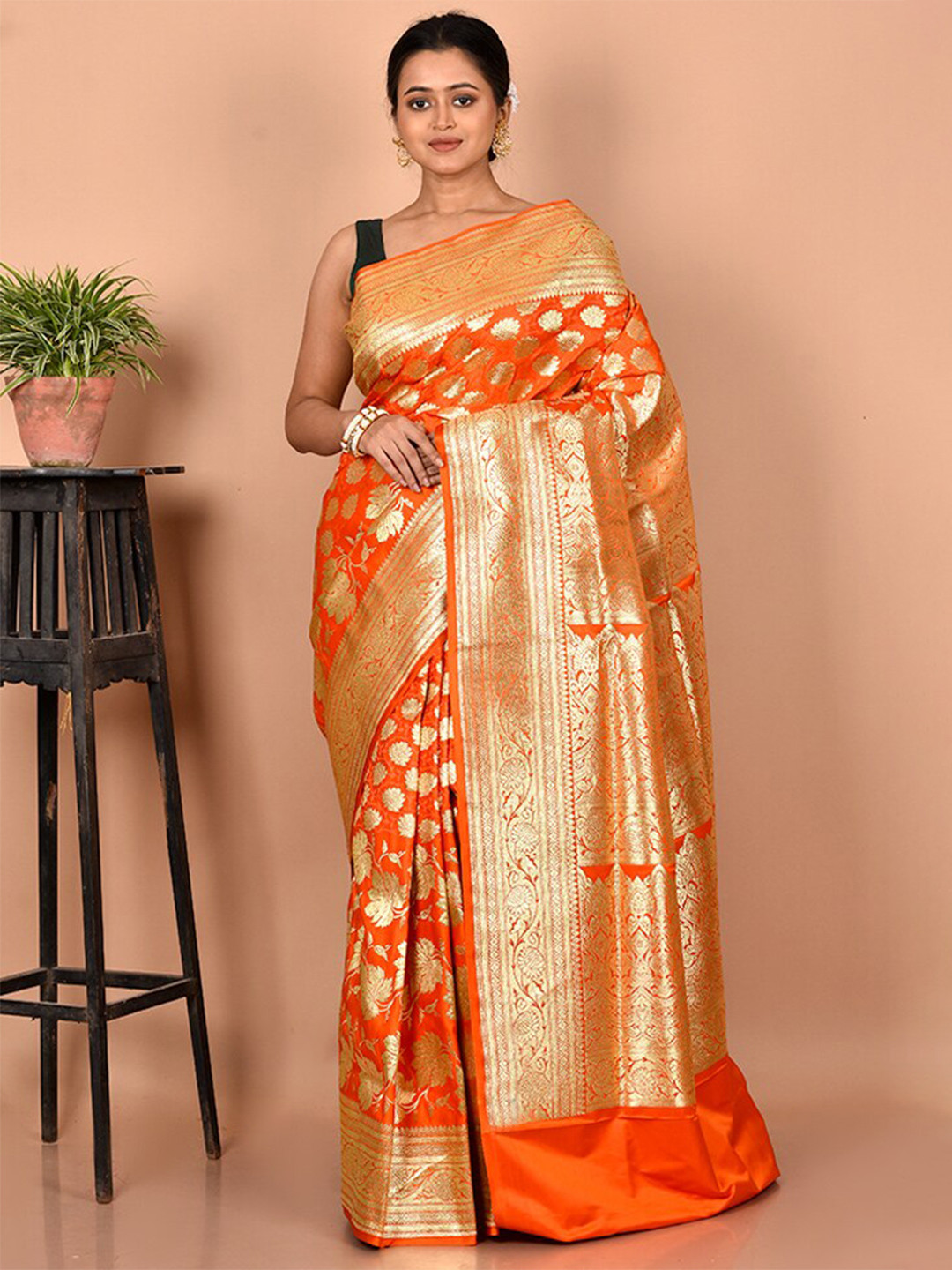 

AllSilks Woven Design Zari Silk Blend Banarasi Saree, Orange