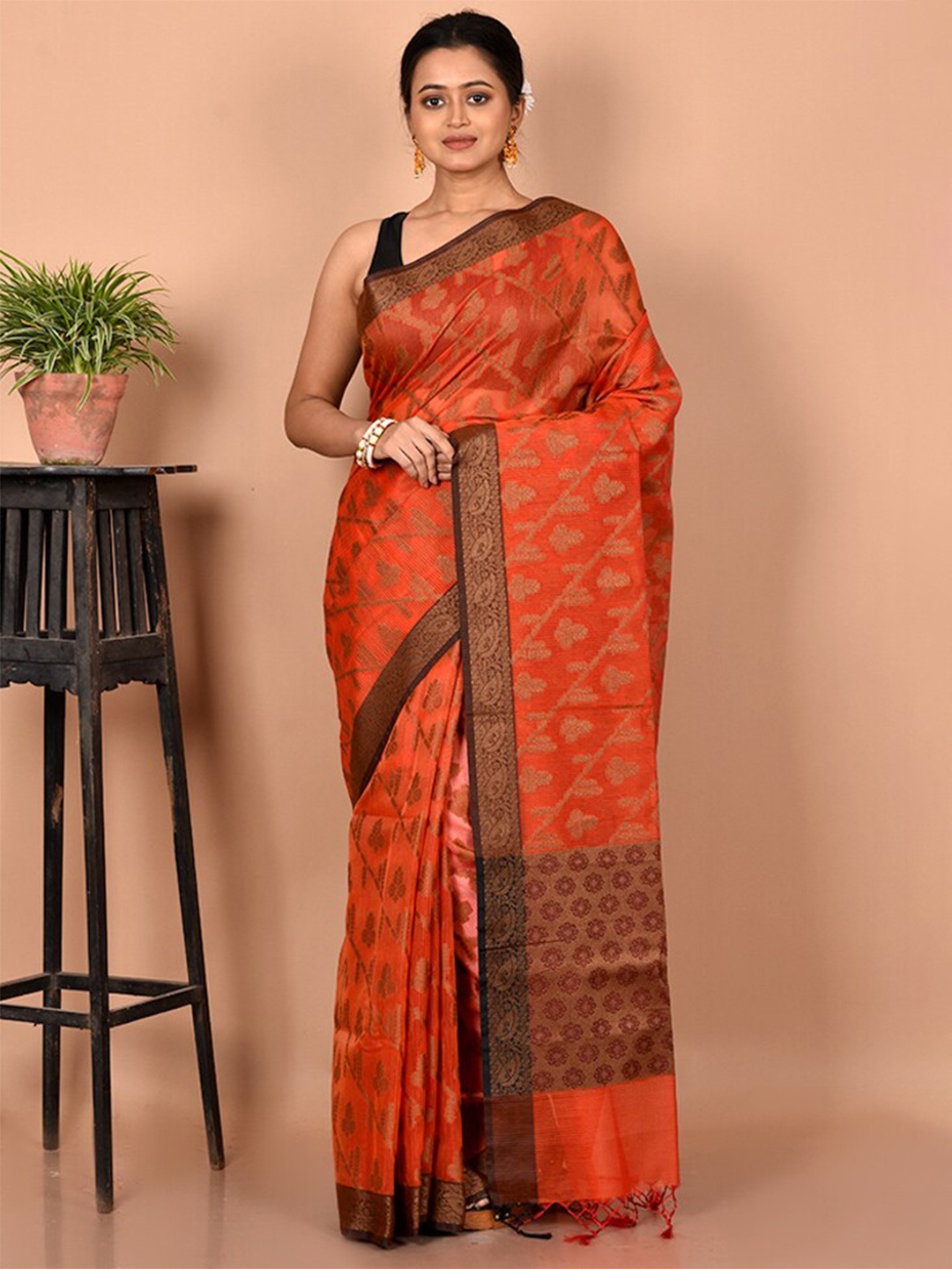 

AllSilks Orange & Brown Woven Design Zari Pure Cotton Saree