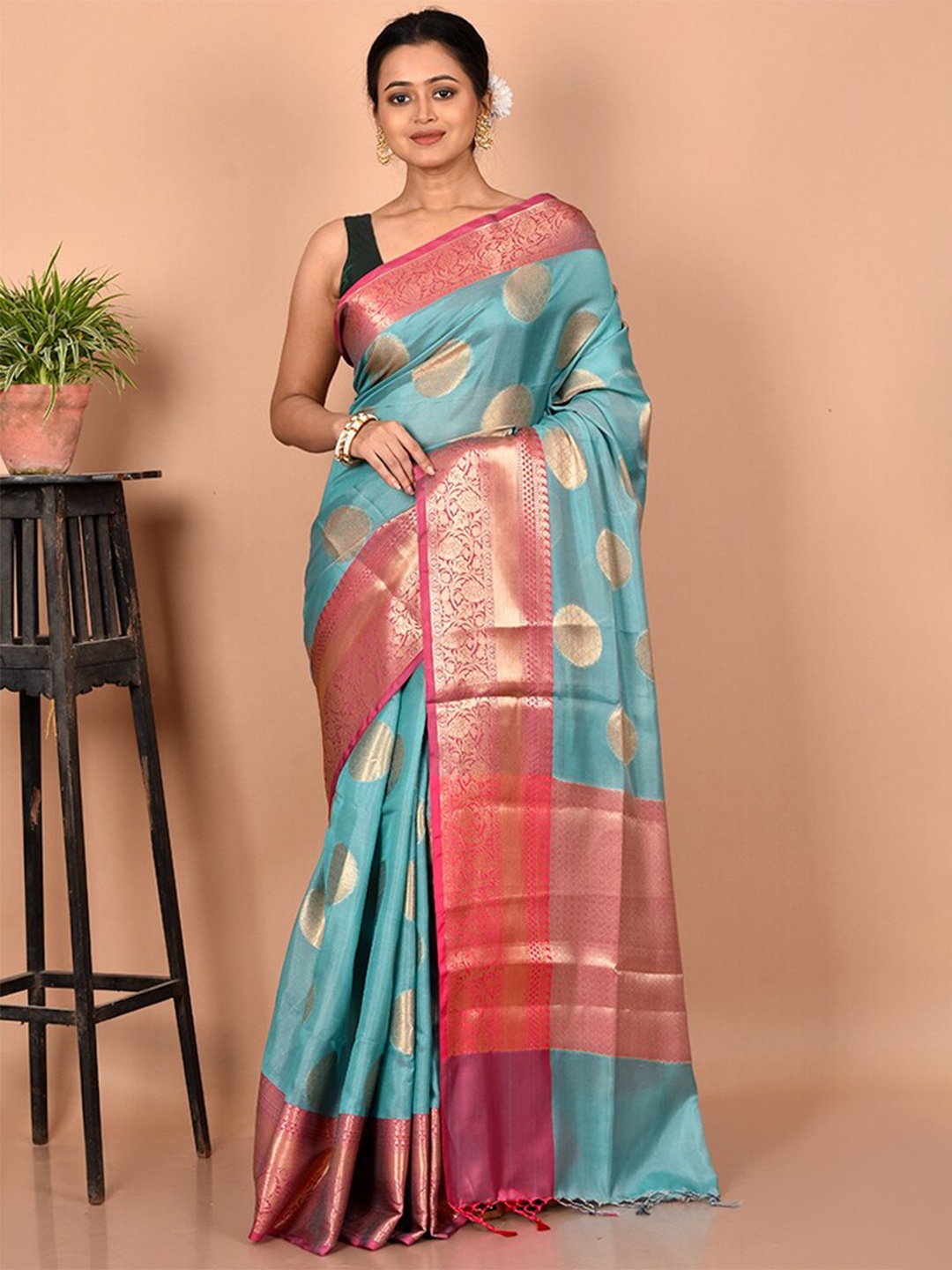 

AllSilks Blue & Pink Woven Design Zari Silk Blend Saree