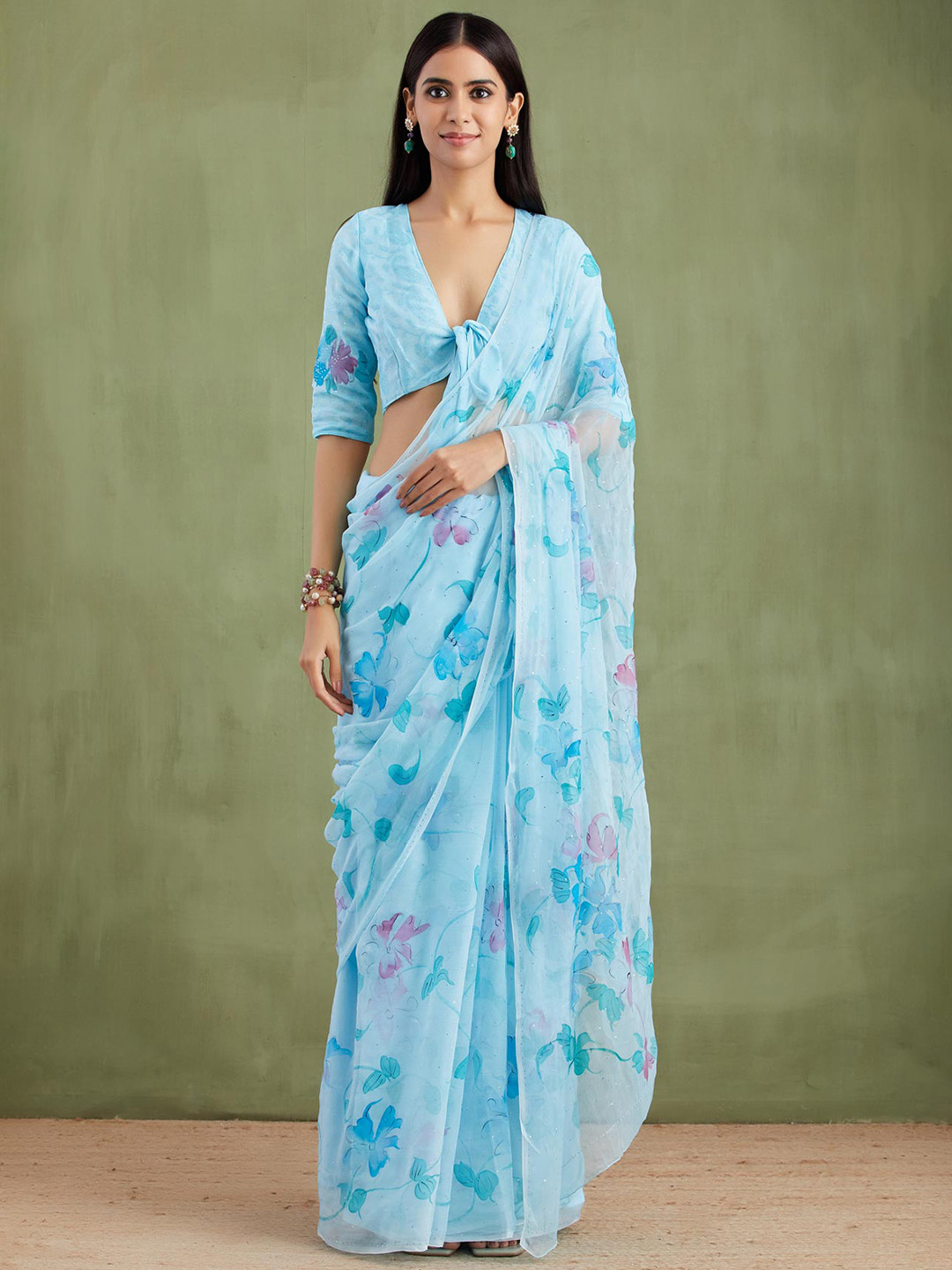 

Geroo Jaipur Blue Embellished Pure Chiffon Sustainable Saree