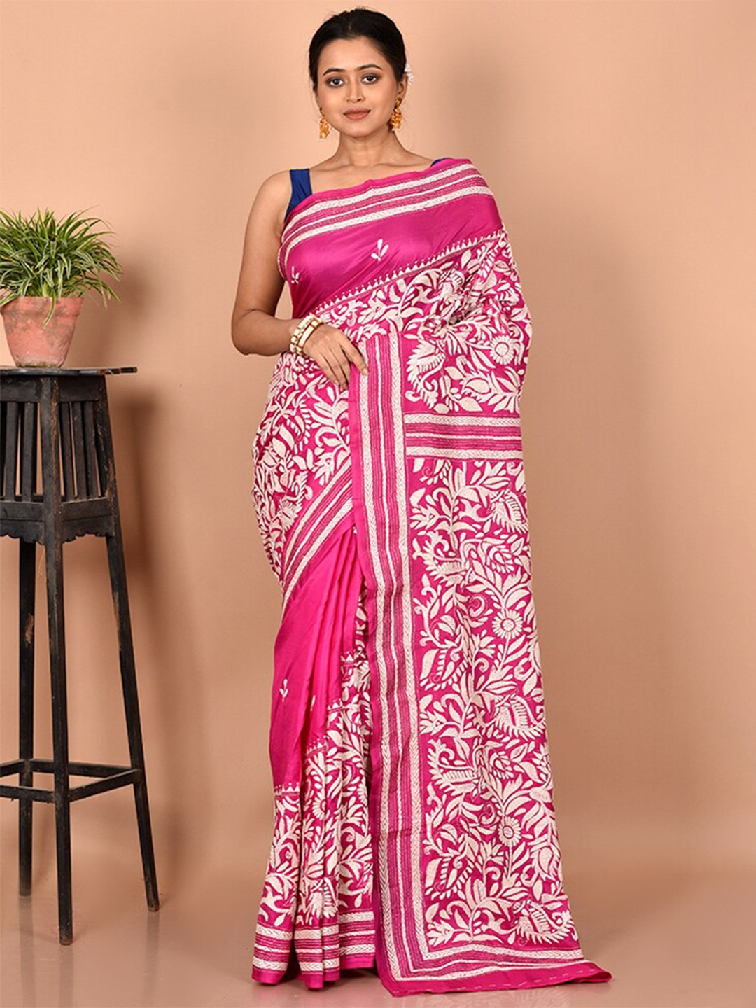 

AllSilks Pink & White Ethnic Motifs Kantha Work Pure Silk Murshidabad silk Saree