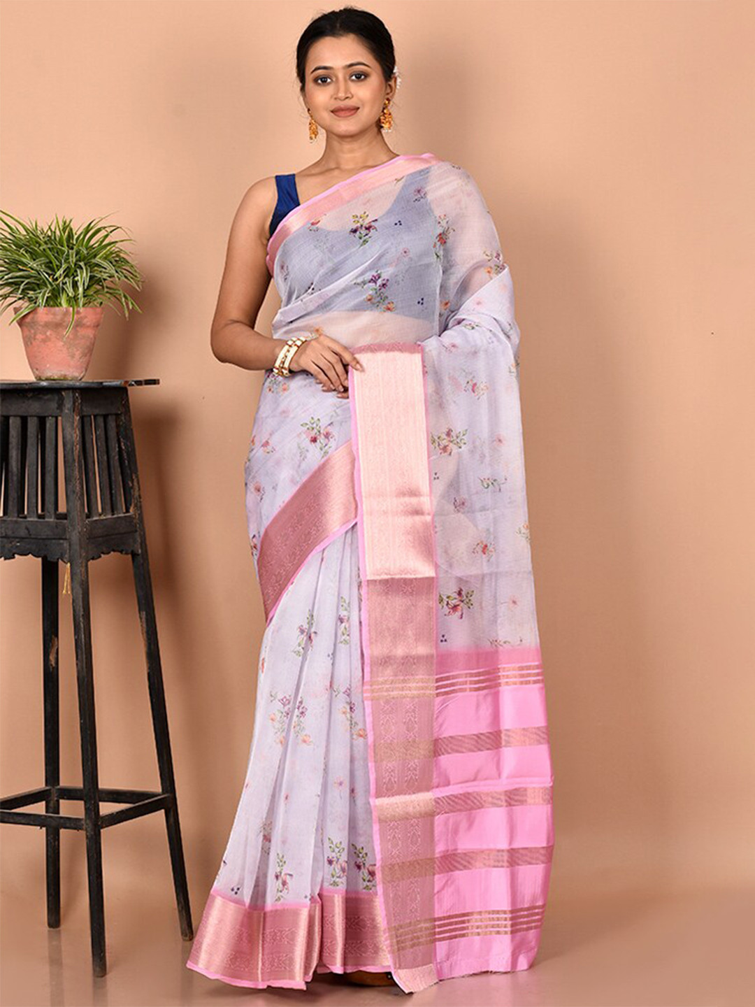 

AllSilks Cream-Coloured & Pink Floral Zari Silk Blend Saree