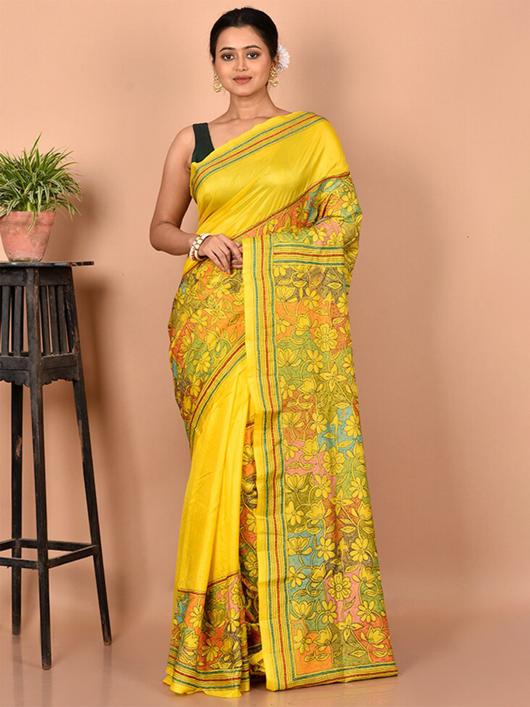 

AllSilks Yellow & Green Floral Kantha Work Pure Silk Murshidabad silk Saree