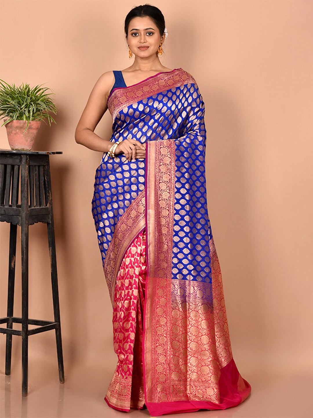 

AllSilks Blue & Red Ethnic Motifs Zari Silk Blend Uppada Saree