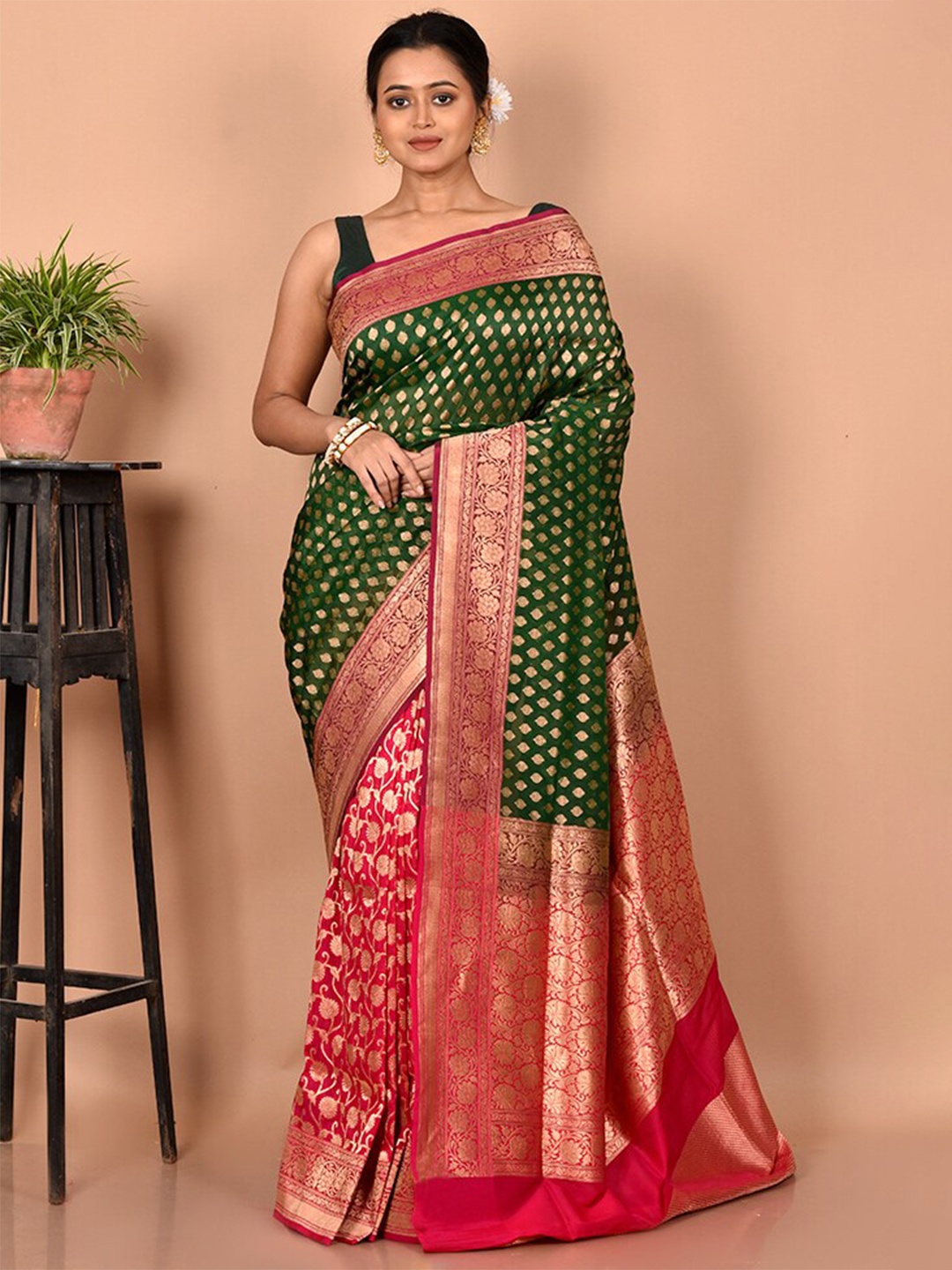 

AllSilks Green & Red Ethnic Motifs Zari Silk Blend Uppada Saree